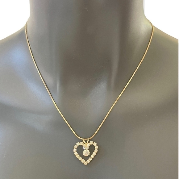 NIB Vintage 14K Gold Plated Crystal Heart Pendant Chain Necklace Jewelry - Picture 3 of 7